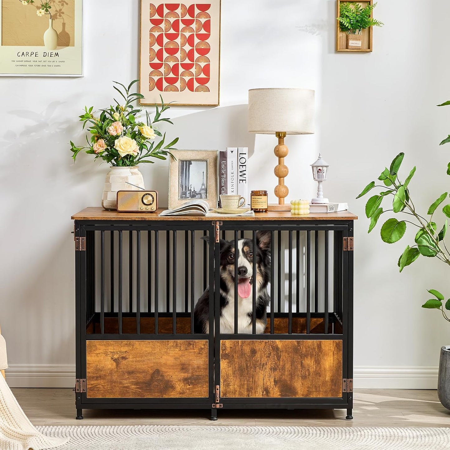 KOOPRO 43.7" Inch Dog Crate Furniture with Cushion for Large Dogs, Wooden Heavy Duty Dog Kennel with Double Doors Indoor, Decorative Pet House Dog Cage Side End Table, Rustic Brown