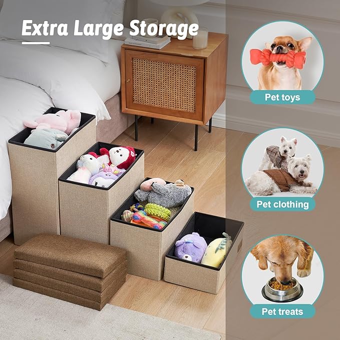 Dog Stairs with Storage, 4-Step Wider Sturdy Dog Steps for Small/Medium/Large Dogs and Older Cats, Folding Doggie Ramp for Bed/Couch/Car Hold Up to 180 lbs (22" H, Beige)