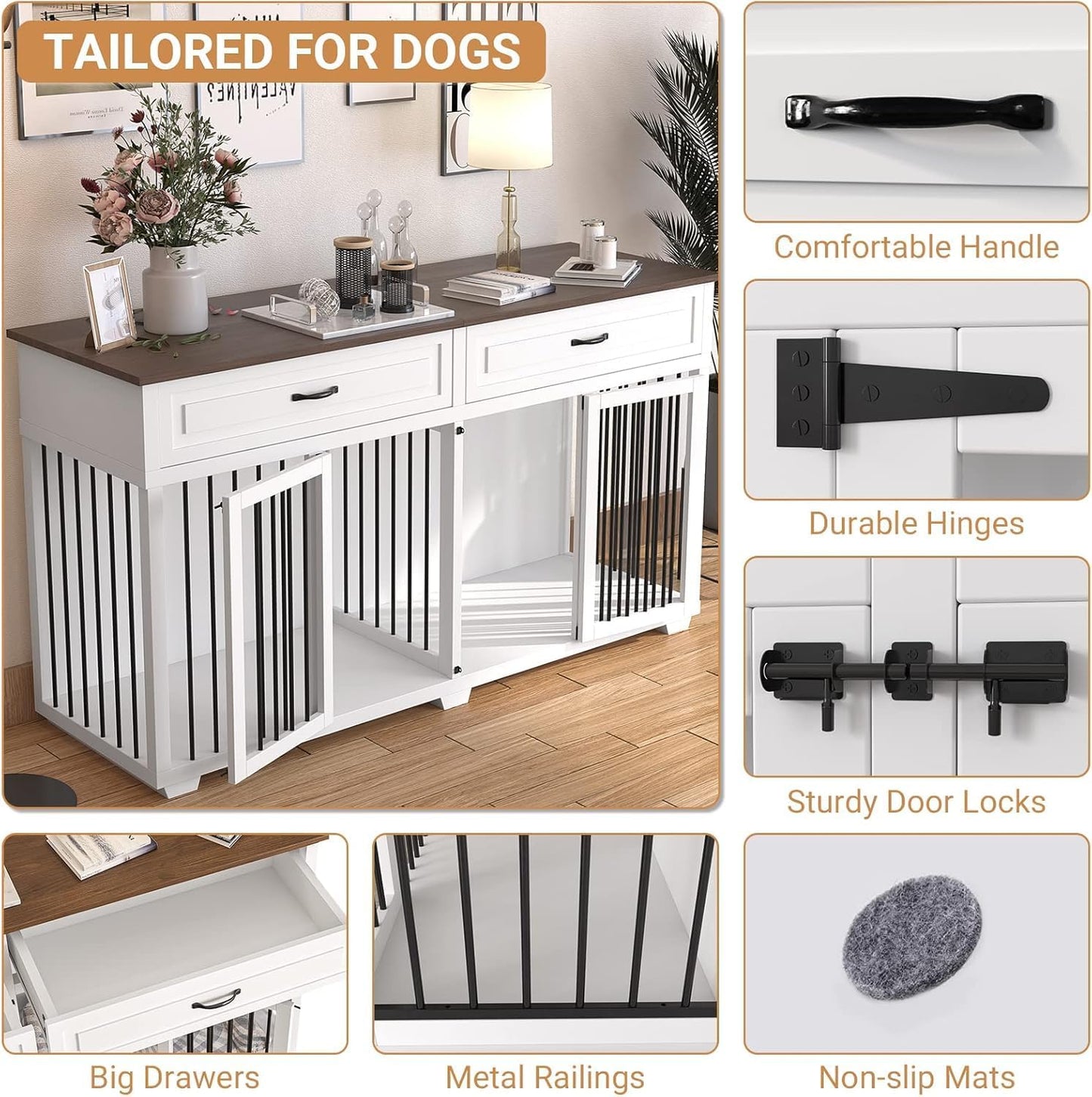 Large Dog Crate with Double Rooms, 72" Heavy Duty Wooden Dog Cage Furniture Dog Crate Kennel with Drawers & Removable Divider,Indoor Luxury Dog House for Large Dogs,White