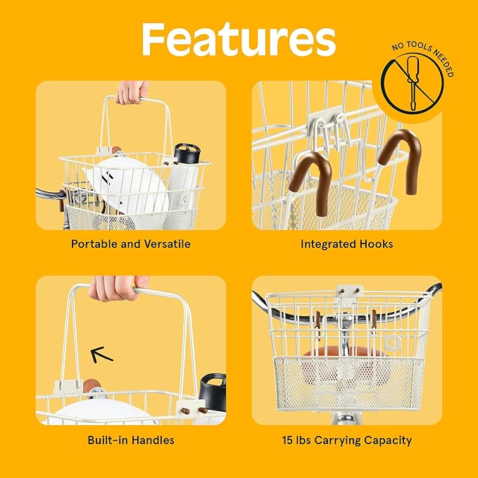 Retrospec Apollo Detachable Front Bike Basket Steel Half-Mesh with Integrated Detachable Hooks and Built-In Handle, Easy Assembly and Portability for Bicycles