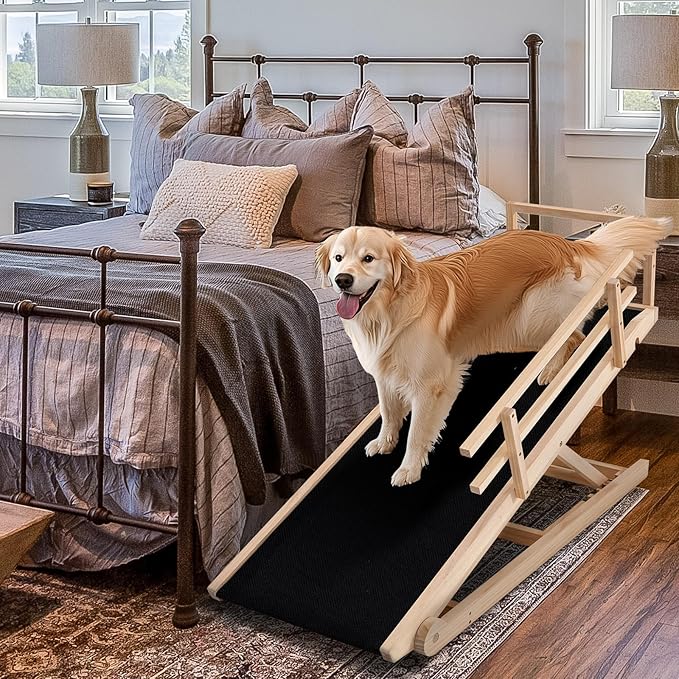 Dog Ramp, 5 Level Adjustable Height Folding Pet Ramp for High Bed, Portable Paw Ramps Large Bed Ramp for Medium & Large Old Dogs & Cats - Natural Wood Furniture Quality