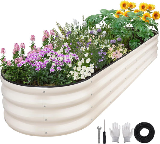 Galvanized Raised Garden Bed - 8×2×1ft Planter Raised Beds for Gardening | Oval Metal Garden Planter Box with Safety Edging and Bracing Rods for Vegetables Fruits and Flowers (White)