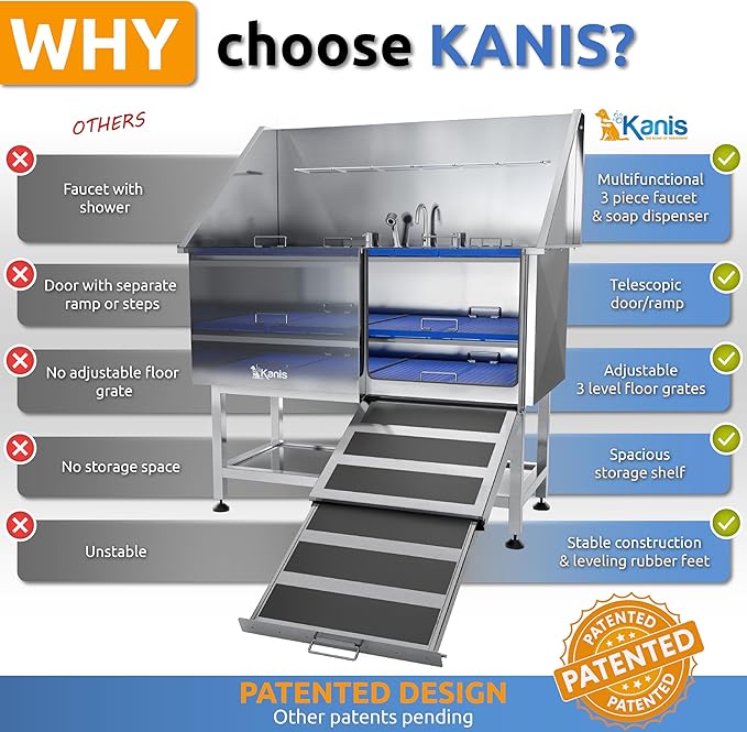 KANIS Professional Dog Washing Station - 304 Stainless Steel Pet Wash Sink & Grooming Bath Tub for Home with Ramp, Shower, Floor Grate, Storage Shelf, Faucet, Drain Kit for Large, Medium & Small Pets