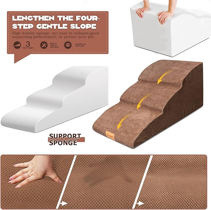 Topmart High Density Extended Foam Dog Ramp&Steps 3 Tiers,15.7" High,Non-Slip Dog Stairs with Waterproof Cover,Soft Foam Pet Ladder,Best for Injured,Older Cats,Pets with Joint Pain