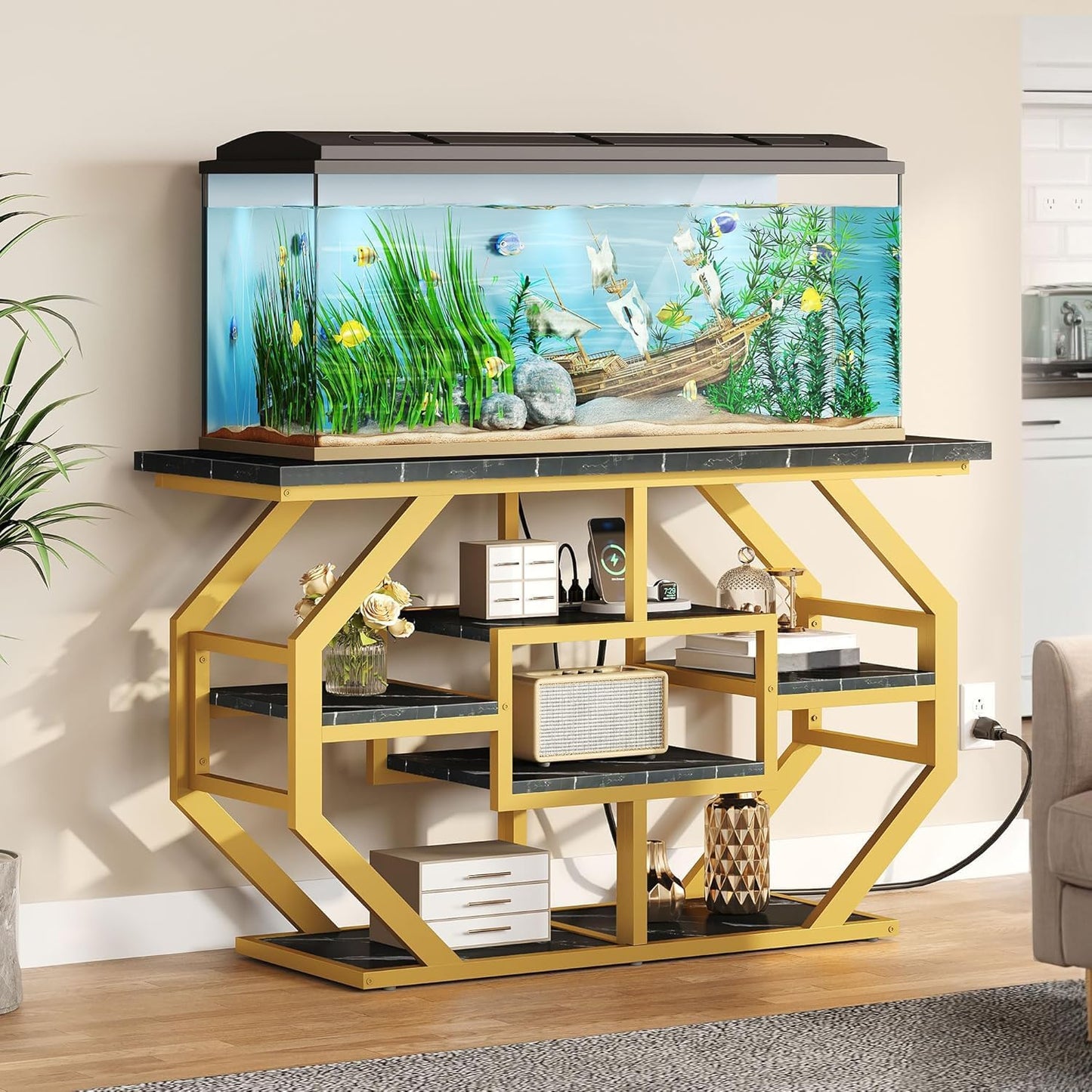 YITAHOME Heavy Duty 55-75 Gallon Fish Tank Stand with Power Outlet, Marble Aquarium Stand for Fish, Turtle, Reptile Terrarium, Shelves for Fish Tank Accessories Storage, 860LBS Capacity, Gold