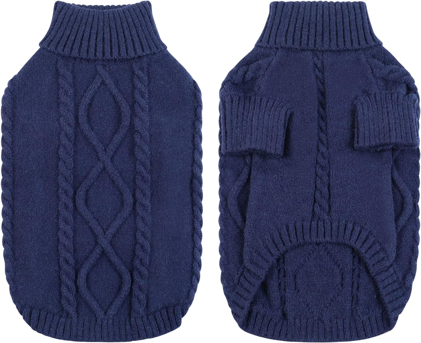 Queenmore Small Dog Pullover Sweater, Cold Weather Cable Knitwear, Classic Turtleneck Thick Warm Clothes for Chihuahua, Bulldog, Dachshund, Pug (Dark Navy, Large)