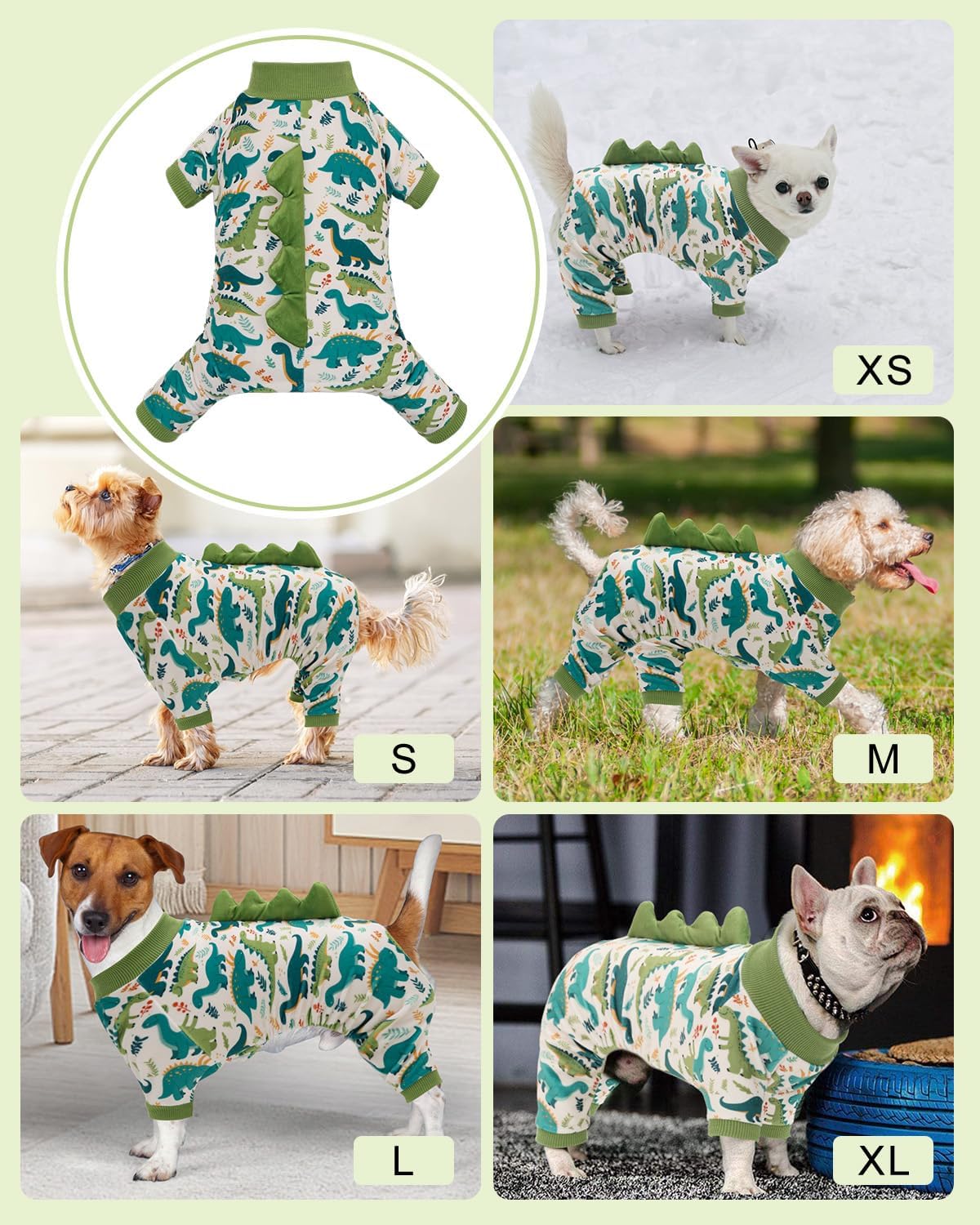 CuteBone Dinosaur Costume Dog Pajamas, Stretchy Spandex Crystal Velvet Sleepwear Coat for Small Dogs, Soft & Warm Pet Outfit Clothes for Cold Weather, Cozy Pullover Design COSP05L