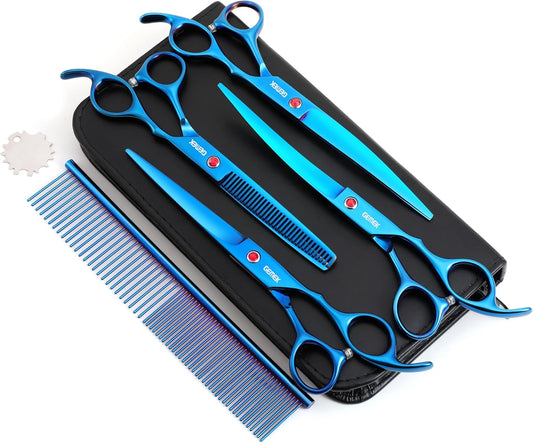 7.0in Titanium Professional Pet Grooming Scissors Set, GEMEK 6 in 1 Straight & Thinning & Upwards Curved & Downwards Curved Scissors & Comb for Dogs, Cats (Blue)