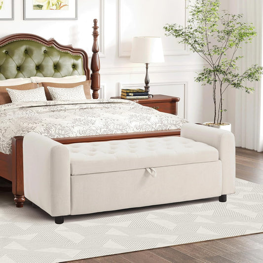 Ottoman with Storage, Tufted Storage Bench for Bedroom, 48" Fabrics End of Bed Bench, Upholstered Entryway Shoe Benches with Rolled Arm & Inner Zipper, Window Ottomans Chest without Rivets, Beige