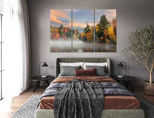 Nature Wall Art Prints - Ocean Forest Mountain Lake Canvas Landscapes - Small to Extra Large Living Room Bedroom Kitchen Bathroom Décor (Misty Fall Reflection, 35L" x 53W" - 3 Panels)