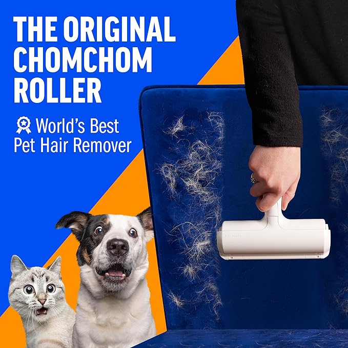 ChomChom Roller Pet Hair Remover and Reusable Lint Roller - Cat and Dog Hair Remover for Furniture, Couch, Carpet, Clothing and Bedding - Portable, Multi-Surface Fur Removal Tool (White)