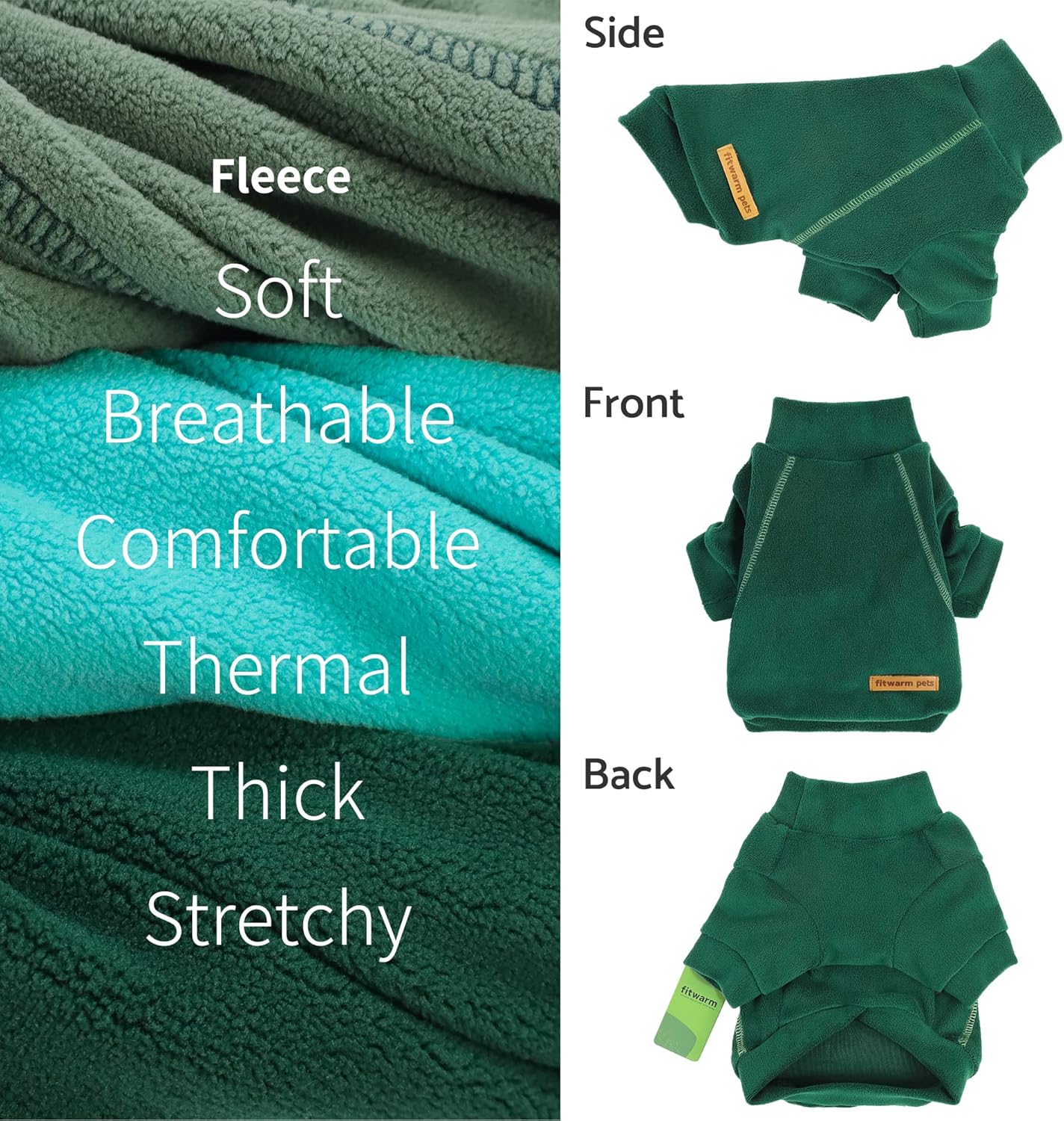 Fitwarm 3 Pack Fleece Sweater - Turtleneck Dog Sweatshirt, Cat Apparel, Dark Green, Teal Green, Olive Green, Large