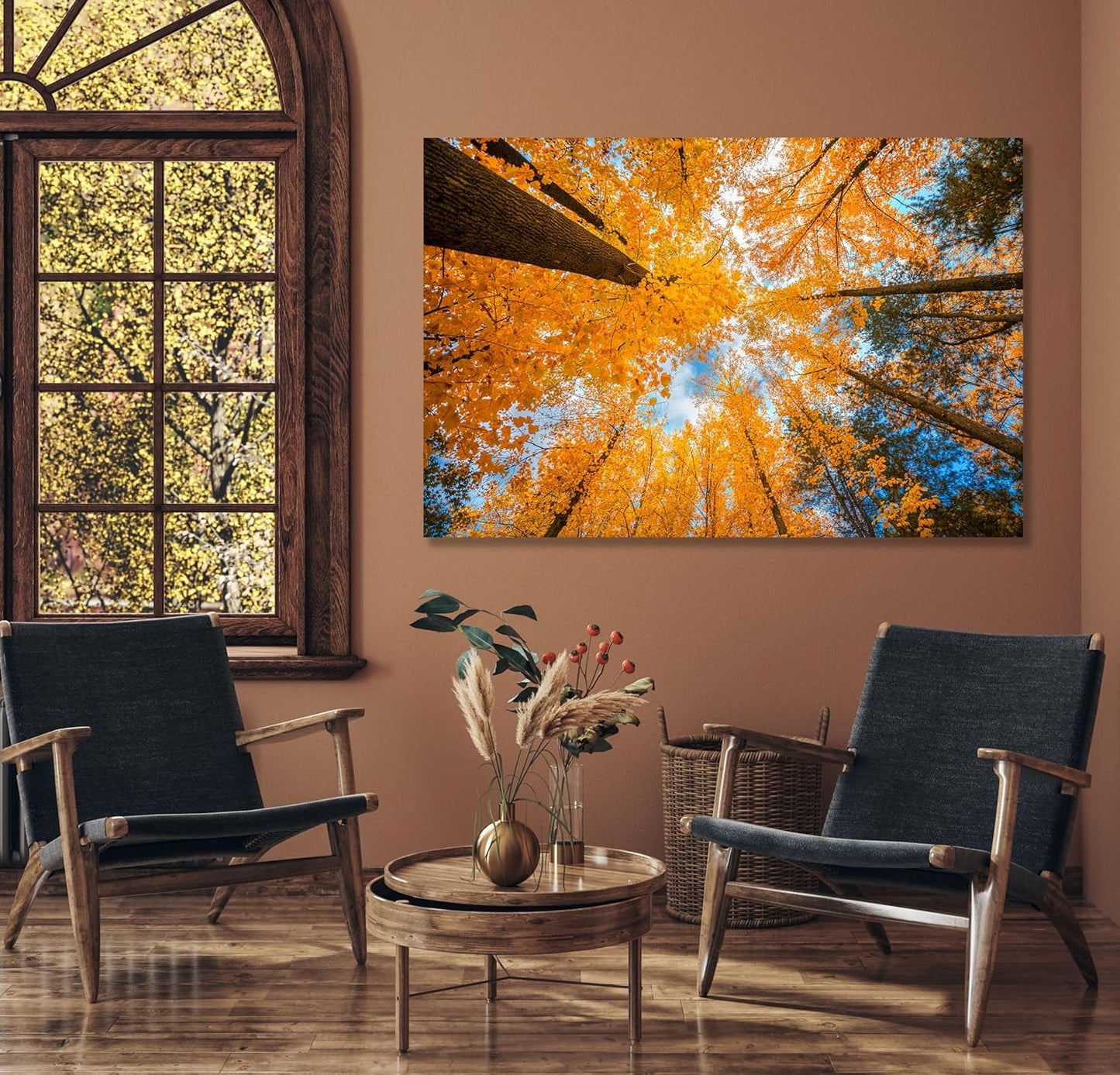 Nature Wall Art Prints - Ocean Forest Mountain Lake Canvas Landscapes - Small to Extra Large Living Room Bedroom Kitchen Bathroom Décor (Blue Sky Through Yellow Autumn Trees, 35L" x 53W")