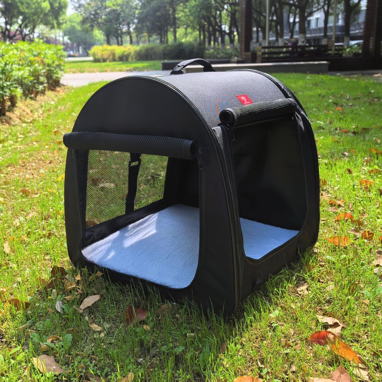 Fabric Portable Pet Kennel/Shelter, Single, Black 20"x20"x19.5" - Car Seat-Belt Fixture Included