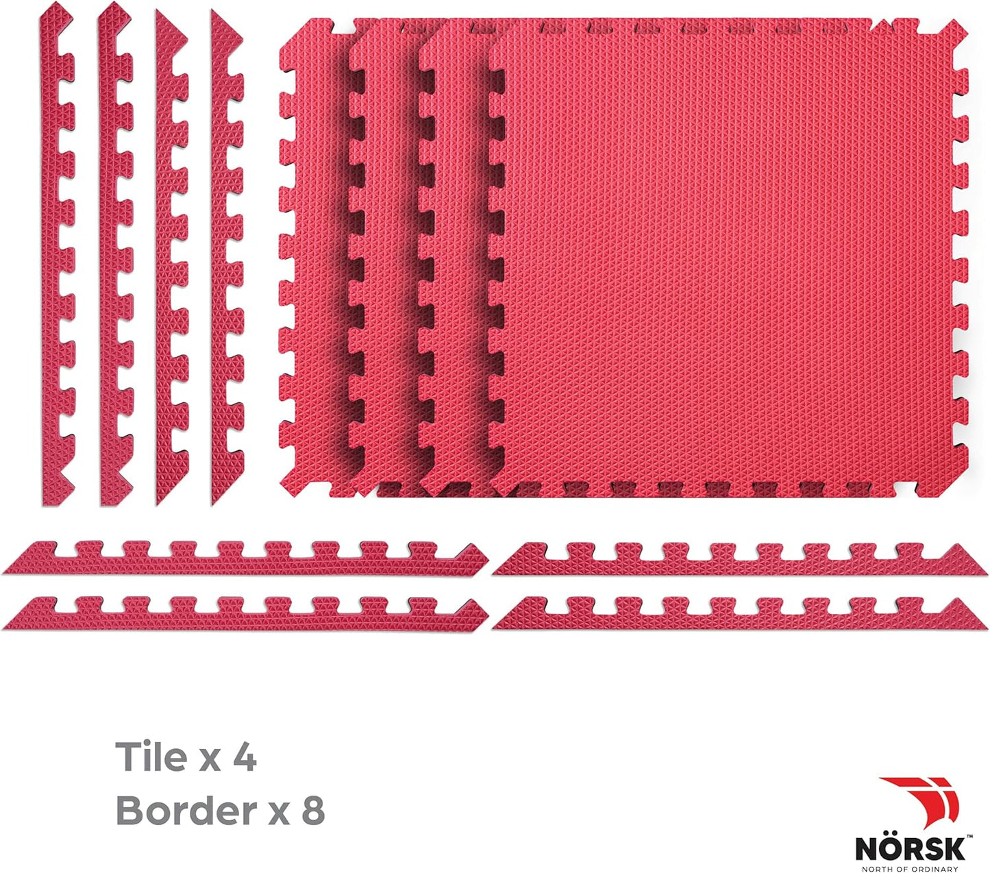 Norsk Reversible Gym Exercise Mats 3/4" Thick EVA Interlocking Foam Tiles, Perfect Gym Flooring for Home Gym, 4 Tiles & 8 Trim Pieces, 16 Sq. Ft. 24"x24", Red/Black