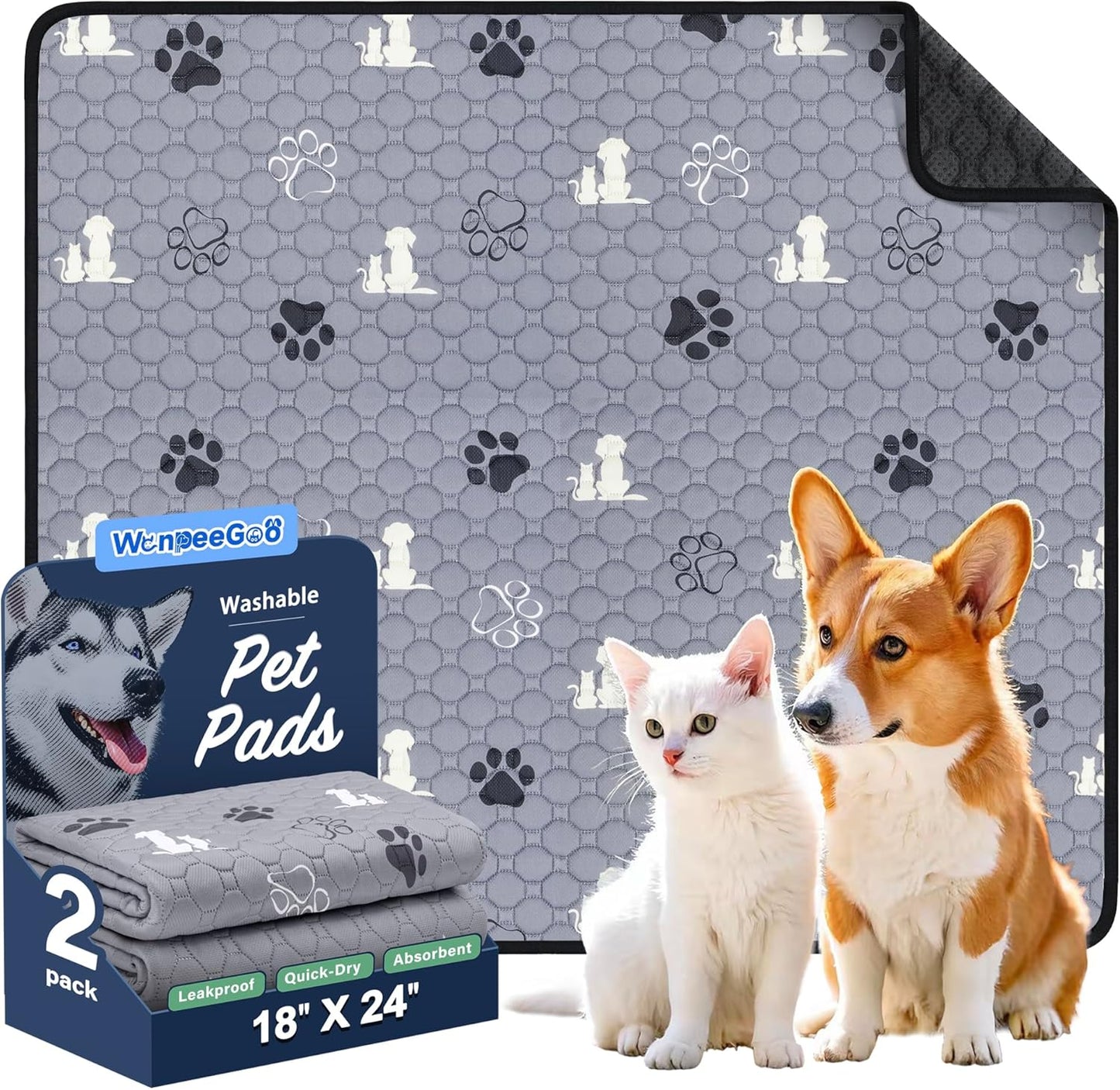 Washable Pee Pads, Puppy Pee Pad for Dogs, 2 Pack Absorbent Reusable Training Dog Pads Pet Puppy Pads, Non-Slip Potty Pads for Whelping, Playpen, Crate, Bed, Grey 18"x24"