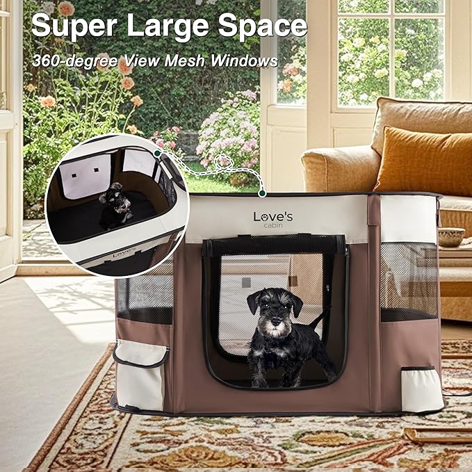 Love's cabin Pet Puppy Dog Playpen, Large Dog Tent Crates Cage Indoor/Outdoor, Portable Exercise Playpen for Cat, Foldable Pop Up Dog Kennel Playpen with Carring Case (L, Brown)