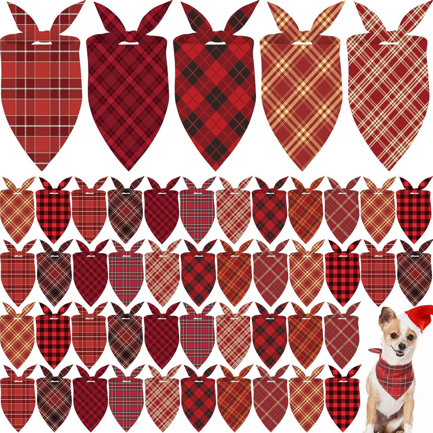 Weewooday 50 Pcs Christmas Dog Bandanas Bulk Xmas Red Buffalo Plaid Bandanas for Dogs Soft Bibs Adjustable Triangle Scarf for Small Medium Large Pets Costume (25.6 x 17.7 x 17.7 Inch)