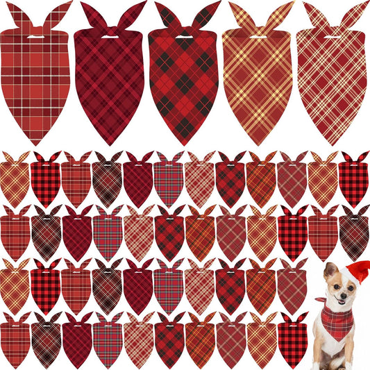 Weewooday 50 Pcs Christmas Dog Bandanas Bulk Xmas Red Buffalo Plaid Bandanas for Dogs Soft Bibs Adjustable Triangle Scarf for Small Medium Large Pets Costume (25.6 x 17.7 x 17.7 Inch)