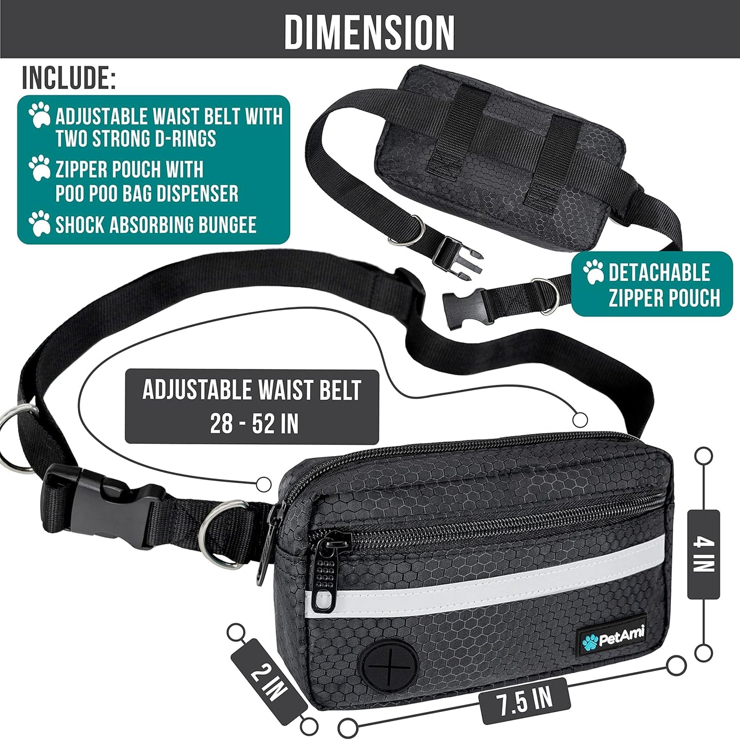 PetAmi Hands Free Dog Leash, Dog Running Leash Belt for Walking Jogging, Dog Waist Zipper Pouch Fanny Pack with Poop Bag Dispenser, Dual Padded Handle Bungee Leash for Small Medium Large Dogs, Single