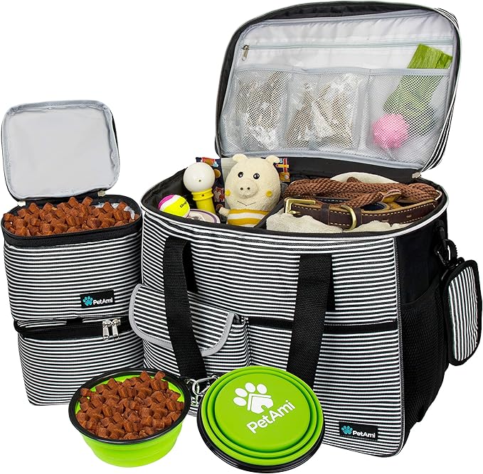PetAmi Dog Travel Bag - Organizer with Food Container, Bowls & Accessories for Weekend Camping, Cat Diaper Bag (Stripe Black, Large)