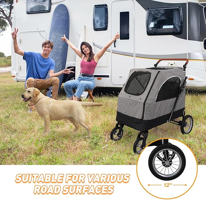 4 Wheel Pet Stroller with Storage Basket - Foldable & Breathable with Mesh Skylight, Large Dog Stroller with Adjustable Handle - Ideal for Travel and Walking with Medium to Large Dogs, Up to 120 lbs