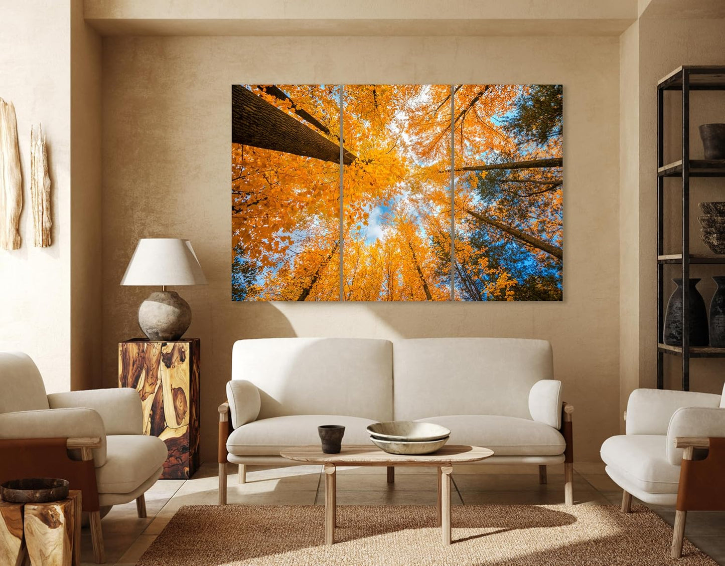 Nature Wall Art Prints - Ocean Forest Mountain Lake Canvas Landscapes - Small to Extra Large Living Room Bedroom Kitchen Bathroom Décor (Blue Sky Through Yellow Autumn Trees, 31L" x 47W" - 3 Panels)