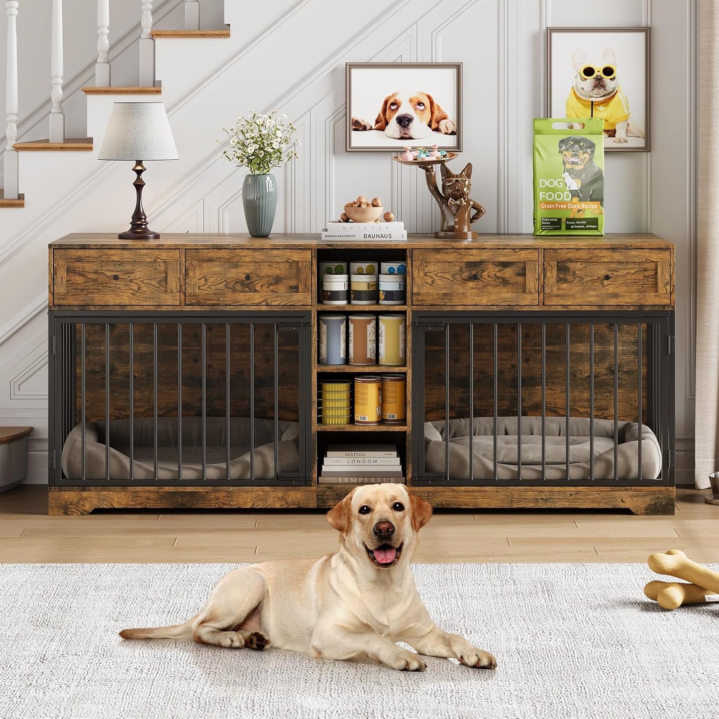 GarveeHome 82” Double Dog Crate Furniture, Large Dog Kennel Indoor for 2 Dogs, Heavy Duty Wooden Dog Crate TV Stand with 4 Drawers and Shelves, Brown