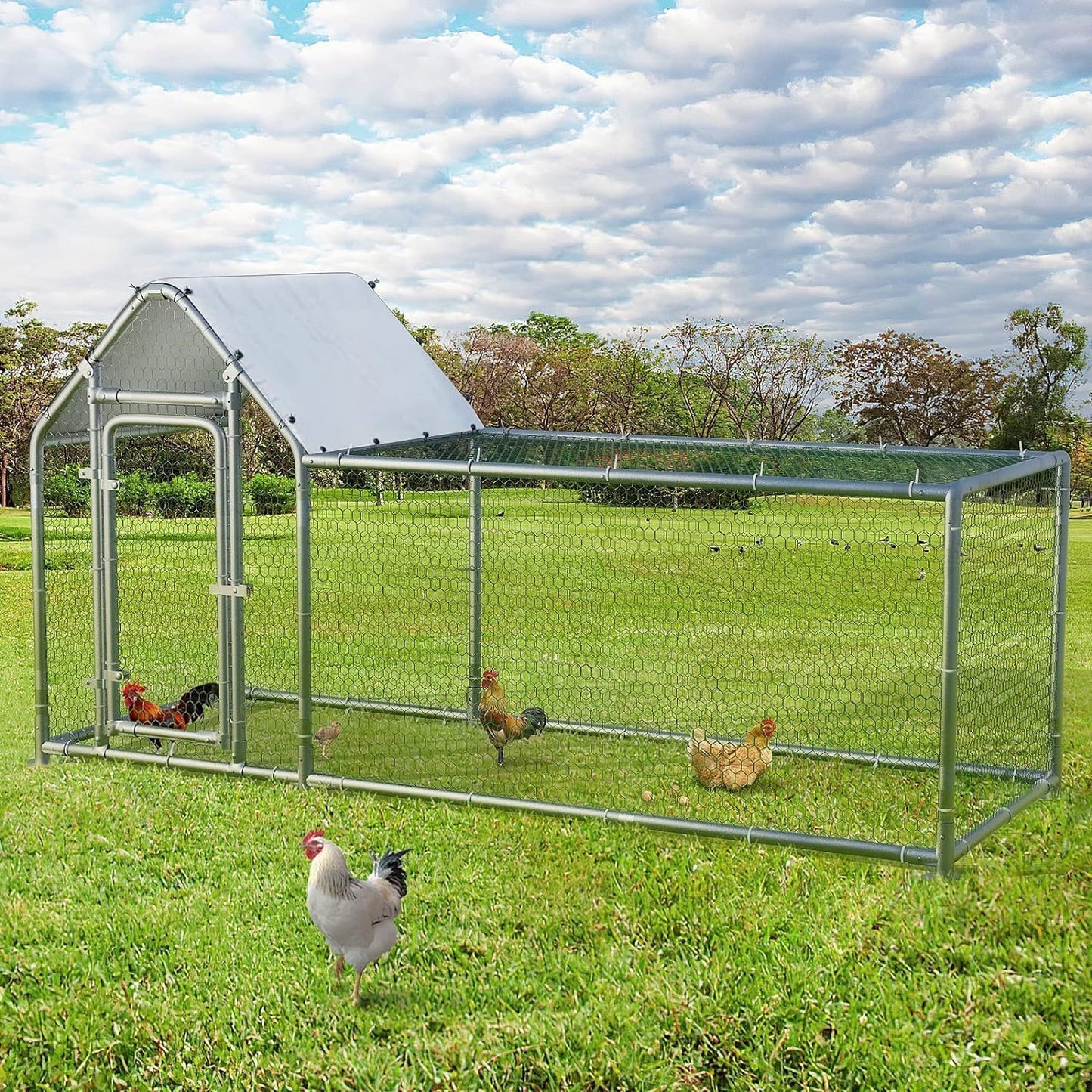 LEMBERI Small Metal Chicken Coop, Walk-in Chicken Run,Galvanized Wire Poultry Chicken Hen Pen Cage, Rabbits Duck Cages with Waterproof and Anti-Ultraviolet Cover for Outside,Backyard and Farm