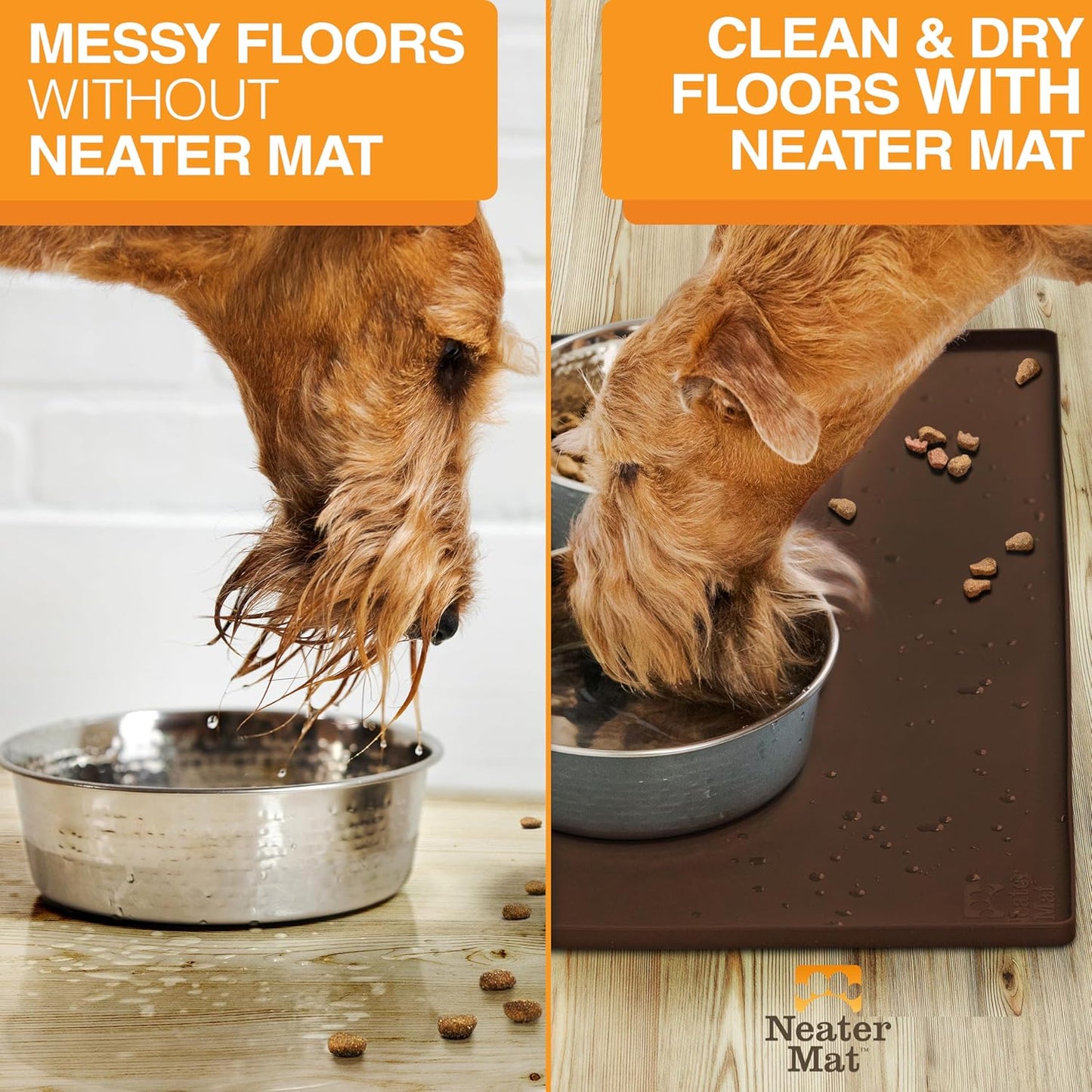 Neater Pet Brands Neater Mat Pet Mats for Food and Water, Cat & Dog Bowl Mat Waterproof Silicone, Feeding Tray, Dog Food Mats for Floors, Placemat w/Raised Edge for Under Bowls, 19” x 12”, Brown