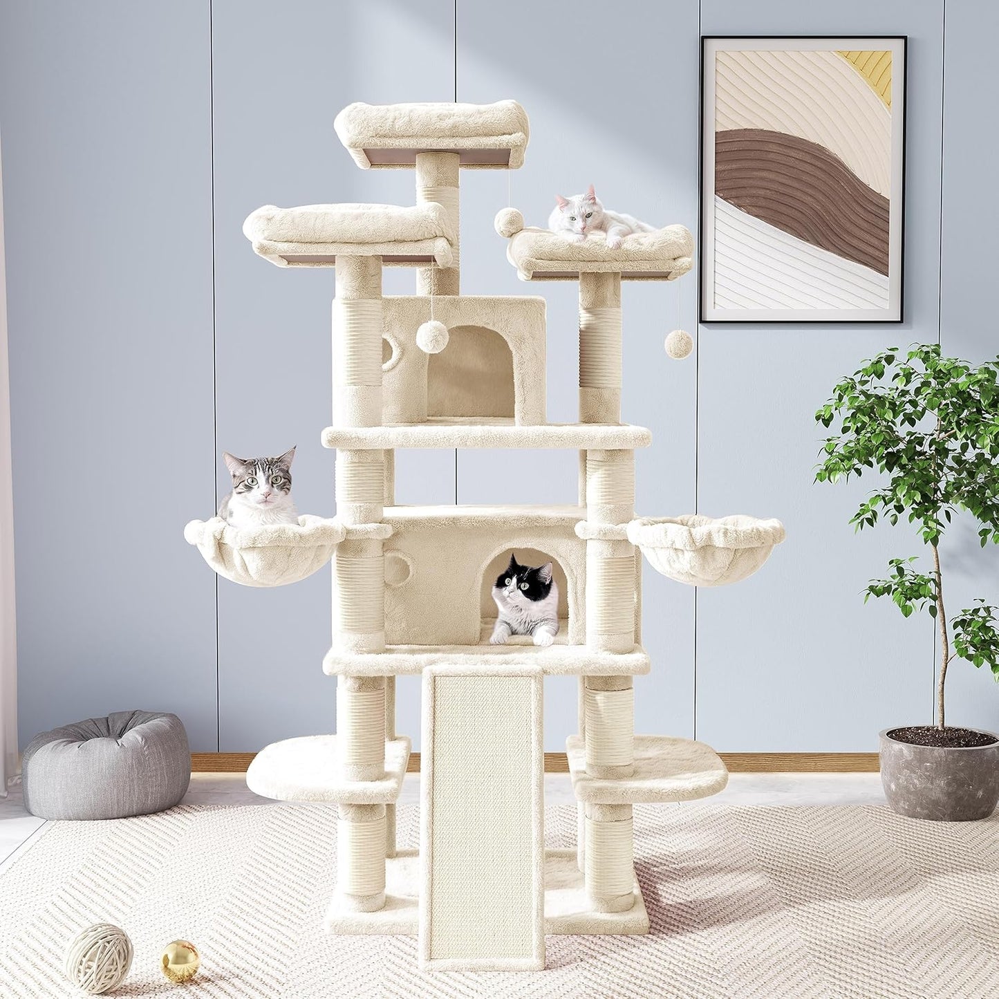 Allewie 68 Inches Cat Tree/House and Towers for Big Feline/Scratching Post/Multi-Level Large Kitty Climbing Tree with Condo/Beige