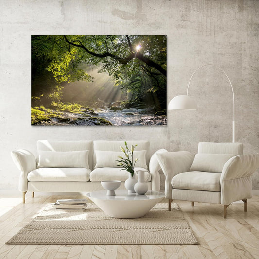 Nature Wall Art Prints - Ocean Forest Mountain Lake Canvas Landscapes - Small to Extra Large Living Room Bedroom Kitchen Bathroom Décor (Rocky River in the Woods, 31L" x 47W")