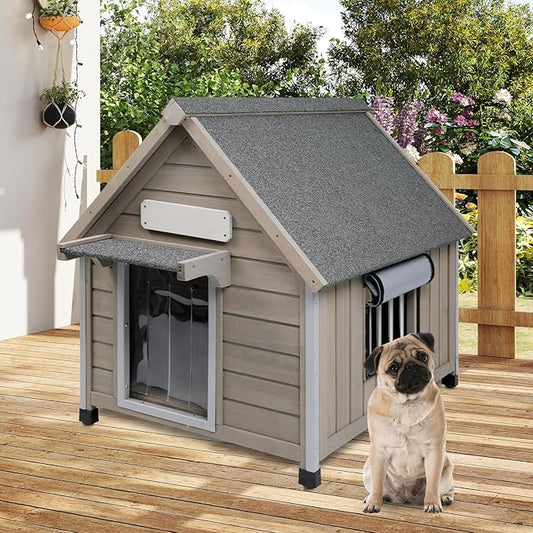 Outdoor Dog House Waterproof for Medium Small Dogs with Anti-Chewing Iron Frame, Adjustable Vent Window, Indoor & Outdoor Doghouse Kennel Puppy Shelter, Easy Clean and Assemble (26" L*31.9" W*32" H)