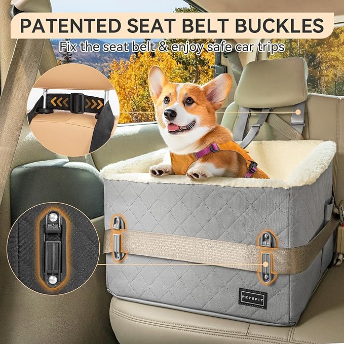 PETSFIT Small Dog Car Seat, Soft Foam Dog Booster Car Seat with Patented Safety Buckles, Storage Pockets and Detachable Clip-On Safety Leash, Dog Car Seat for Medium Dogs 30 LBS (Grey)