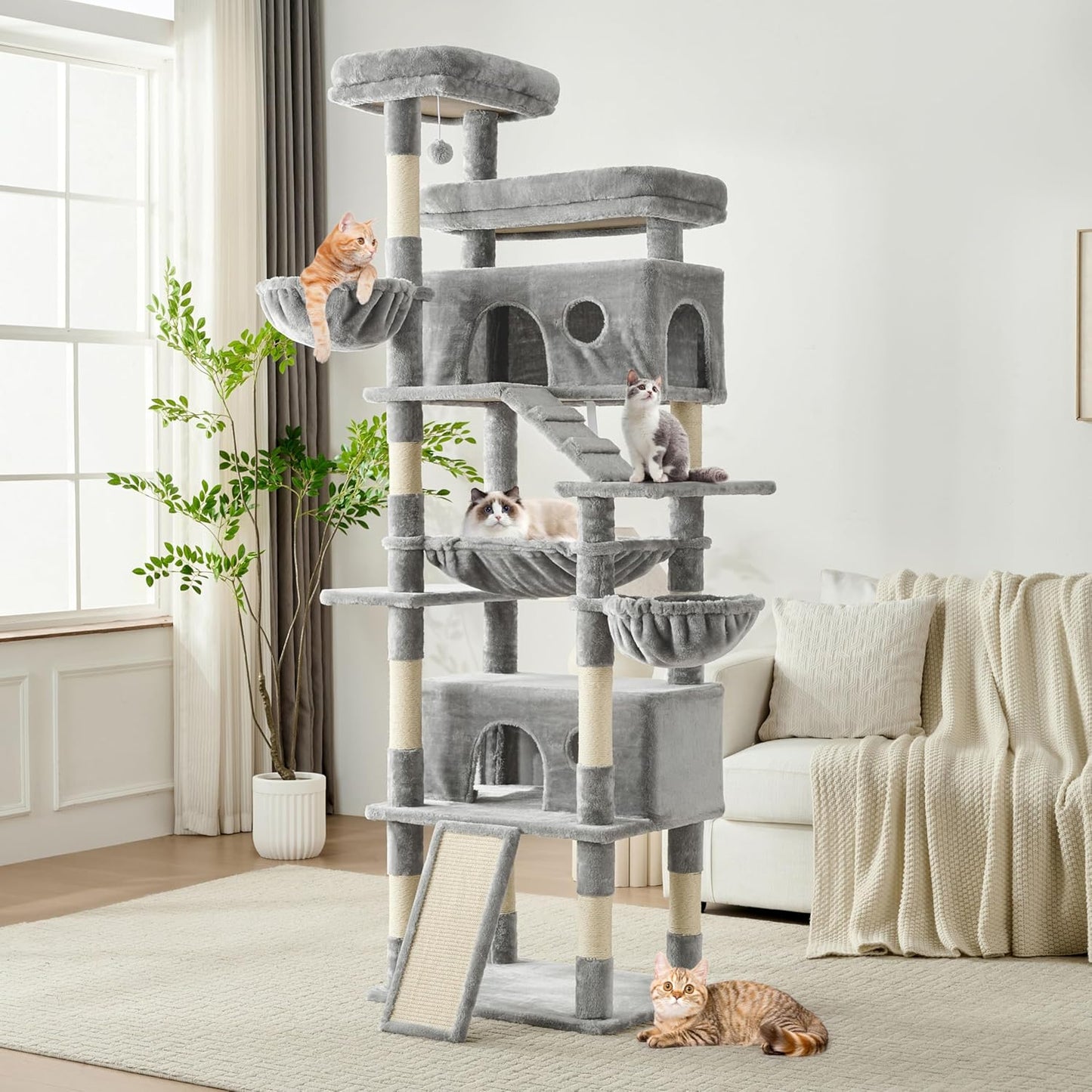 Cat Tree, 80-Inch Large Cat Tower with 9 Scratching Posts, 2 Perches, 2 Caves, 2 Basket, 2 Stairs, Extra Large Hammock, Pompoms, Multi-Level Plush Cat Condo for Indoor Cats/Light Grey