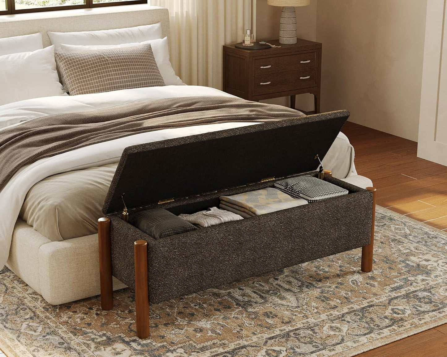 Storage Ottoman Bench, End of Bed Bench for Bedroom, 47" Boucle Upholstered Entryway Shoe Seat Benchs, Holds up to 660 lb Storage Ottoman, Padded Blanket Chest Stool Foot Rest for Living Room Grey