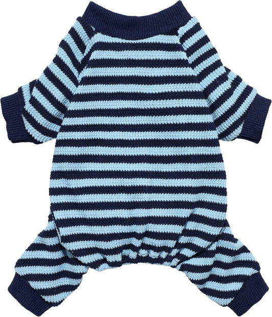 Fitwarm Blue and White Striped Dog Pajamas, Waffle Dog Clothes for Small Dogs Girl Boy, Puppy Onesie with Feet, Pet Cat Outfit, XS