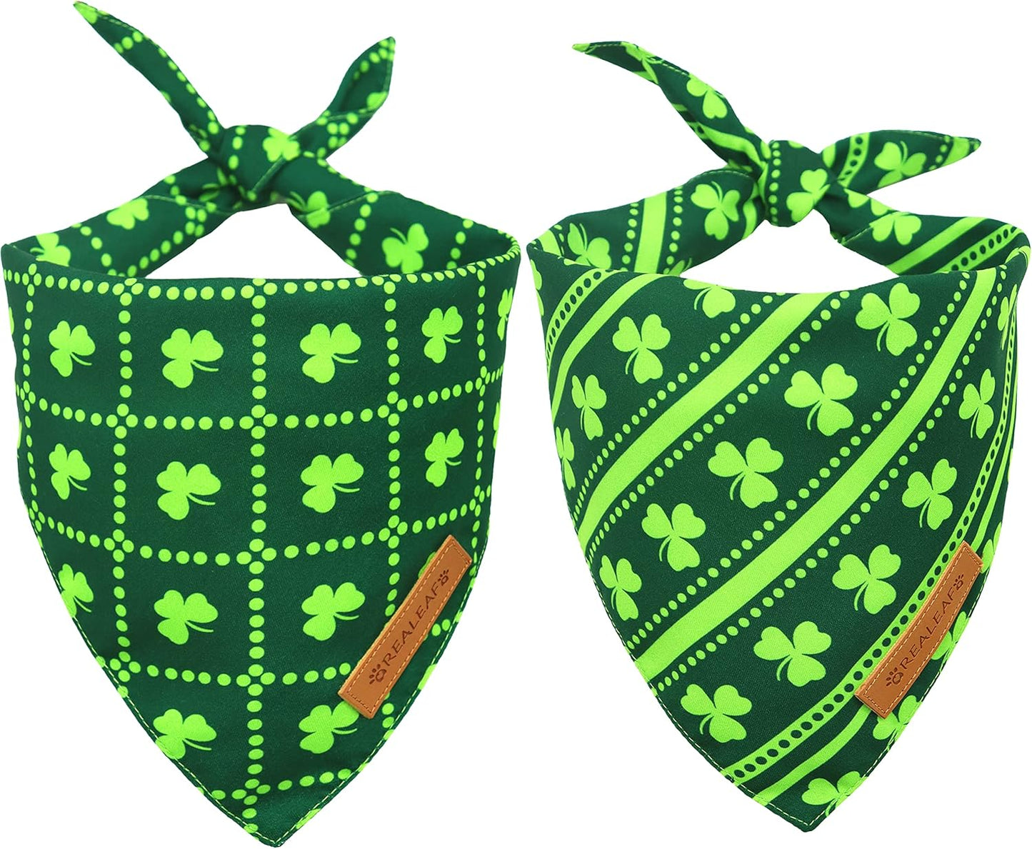 Realeaf St. Patrick's Day Dog Bandanas 2 Pack, Reversible Green Shamrock Pet Scarf for Boy and Girl, Premium Durable Fabric, Holiday Bandana for Small Medium Large and Extra Large Dogs (Large)