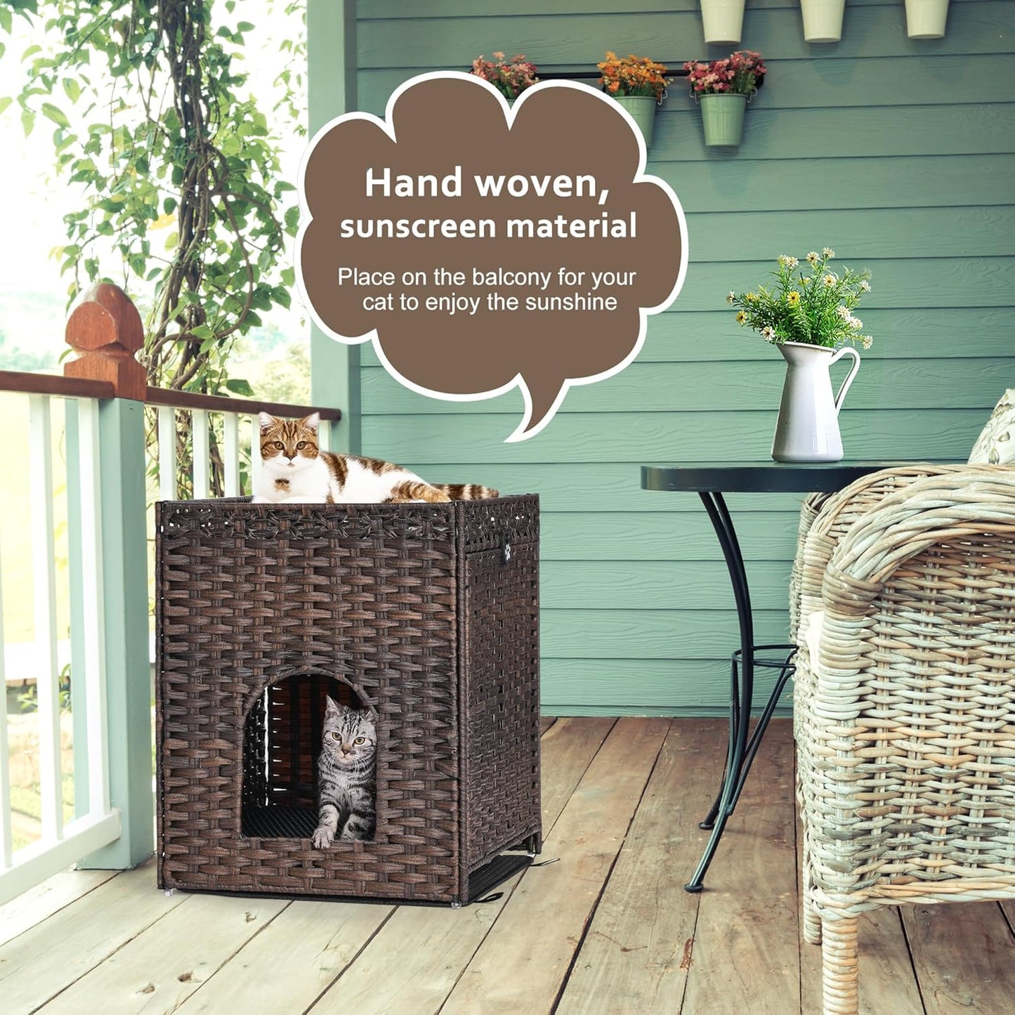 Cat Litter Box Enclosure with Soft Litter Mat; Hidden Cat Washroom Furniture with Door; Handwoven Rattan Cat House; Pet Crate for Living Room, Bedroom, Balcony (Brown)