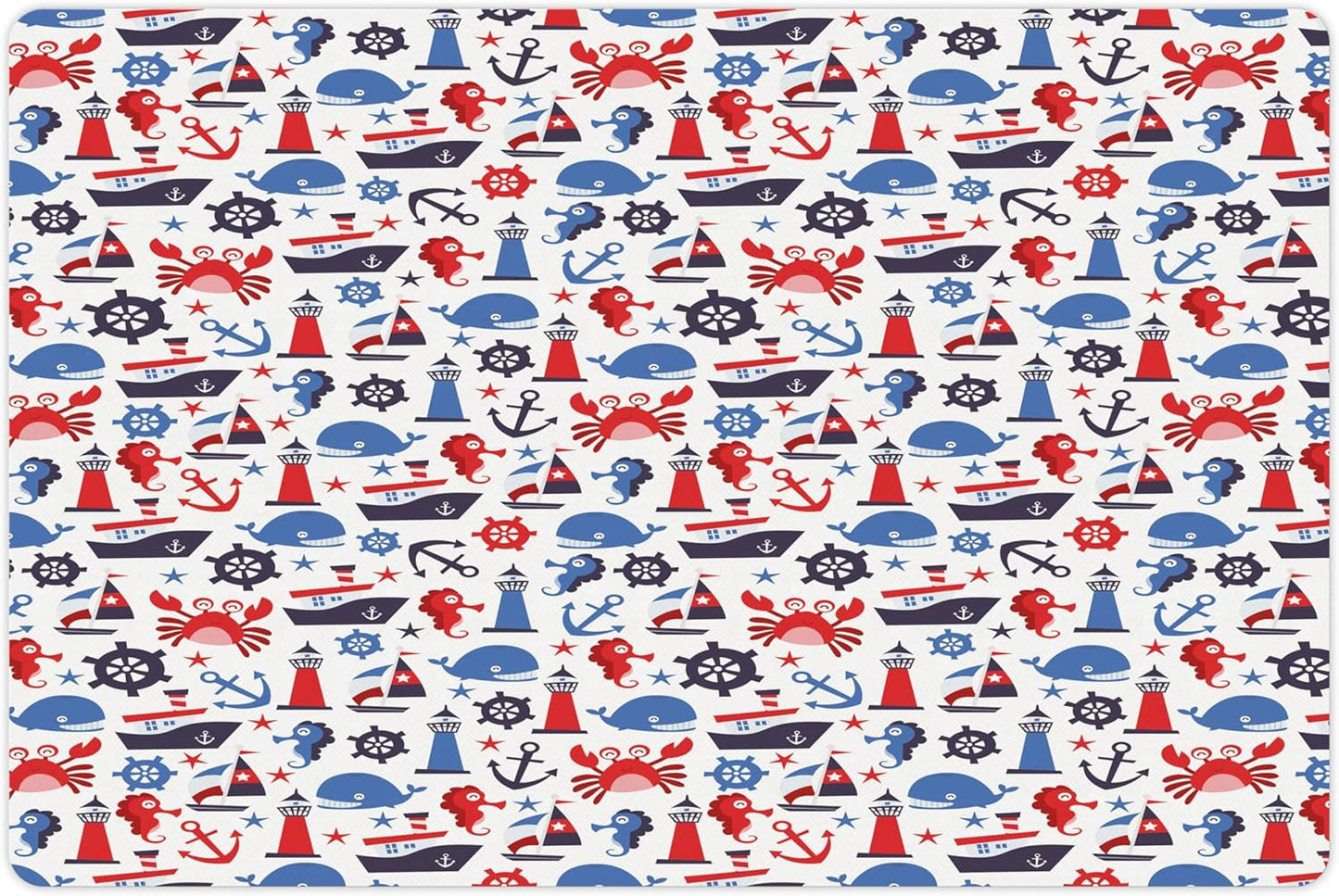 Lunarable Nautical Pet Mat for Food and Water, Steering Wheel Crab Cartoon Style Happy Fun Art Underwater World, Non-Slip Rubber Mat for Dogs and Cats, 18" X 12", Indigo Blue