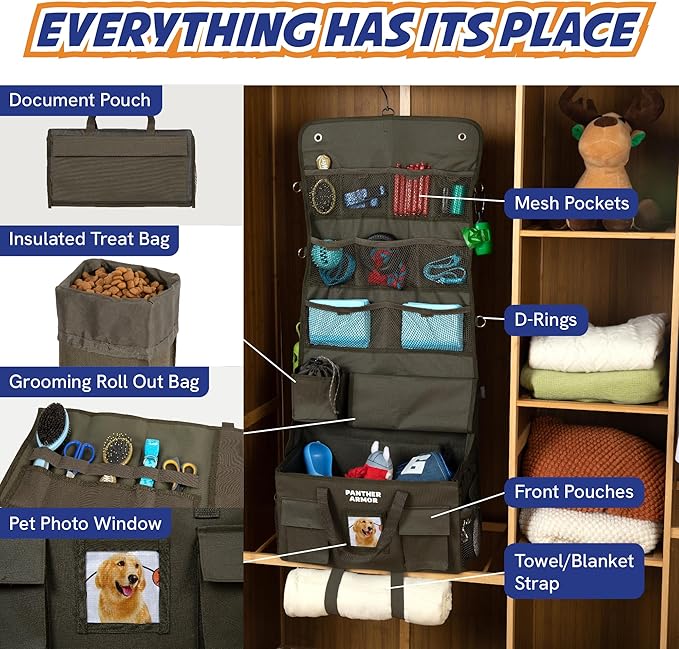 Panther Armor Dog Travel Bag Hanging Dog Organizer & Pet Storage Tote Bag for Supplies | Waterproof Door Storage & Closet Organizer | Food & Treat Container for Travel Accessories