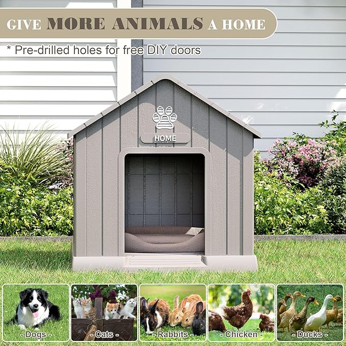 Large Dog House Outdoor Indoor for Medium Large Dogs, Durable Plastic Waterproof Doghouse with Air Vents and Elevated Floor, Easy Clean and Assemble (Grey, 31" L x 33.3" W x 33.5" H)