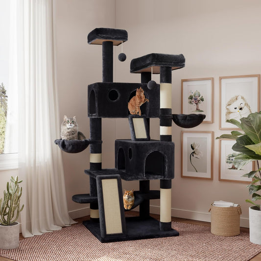 SHA CERLIN 65in Larger Cat Tree Tower Condo for Indoor Kitties/Multi-Level Furniture Activity Center with Wide Base/Cozy Plush Cat Perches/Baskets/Sisal Scratching Posts and Hammock/Dark Grey