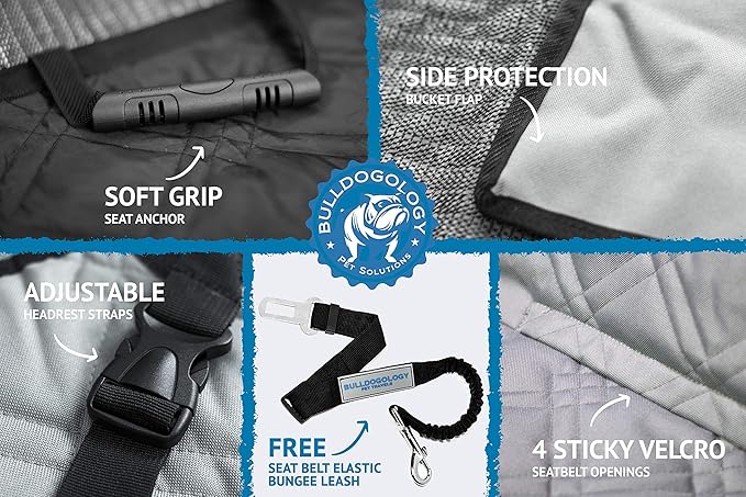 Bulldogology Dog Car Seat Cover Waterproof Heavy Duty Bench Dog Hammock Backseat Protector from Hair, Muddy Paws, Scratches - Pet Car Seat Cover for Cars Trucks SUVs (Large, Grey)