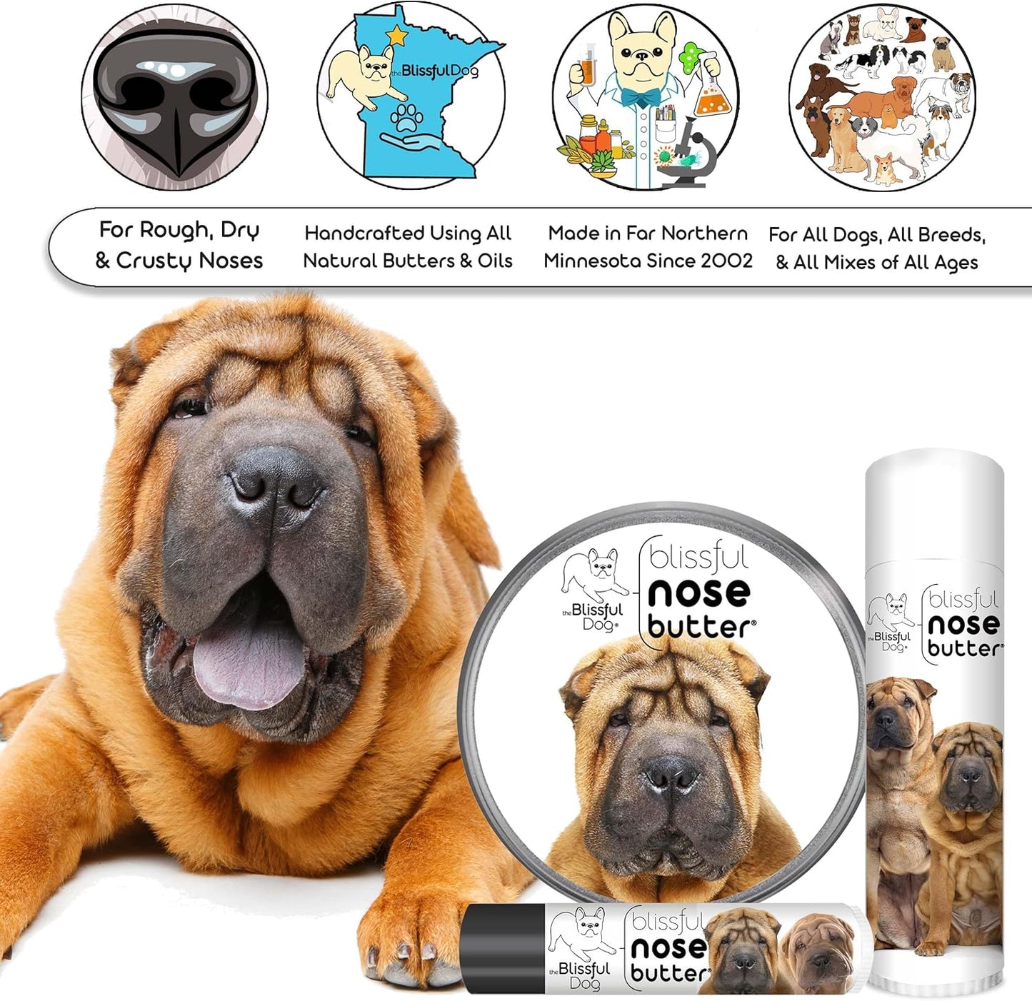 The Blissful Dog Chinese Shar-Pei Nose Butter for Dry, Cracked Skin, Lick-Safe Dog Nose Balm with Moisturizing Shea Butter, Almond, Olive, and Essential Oils, Pet Supplies, Uncented, 0.50 oz.