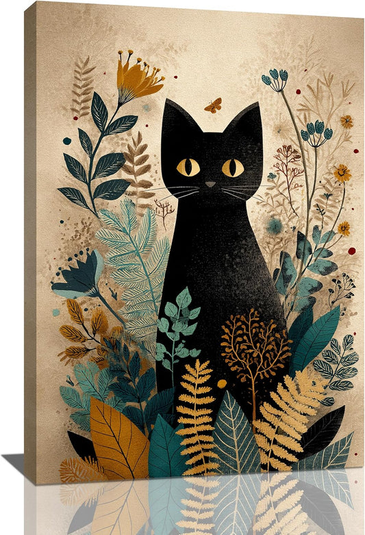 Boho Black Cat Wall Art Kitten Botanical Wall Decor Mid Century Modern Canvas Painting Print Minimalist Pictures Artwork Framed Decorations Gifts for Cat Lover Bathroom Nursery Living Room Bedroom Kitchen 16"x24"