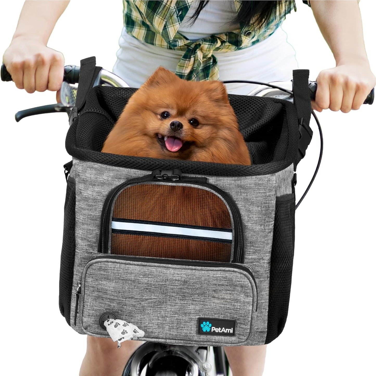 PetAmi Dog Bike Basket, Soft-Sided Ventilated Dog Bike Carrier Backpack, Pet Bicycle Basket for Bike Handlebar, Small Medium Puppy Cat Kitten Car Booster Seat with Safety Strap, Max 18 lbs, Gray
