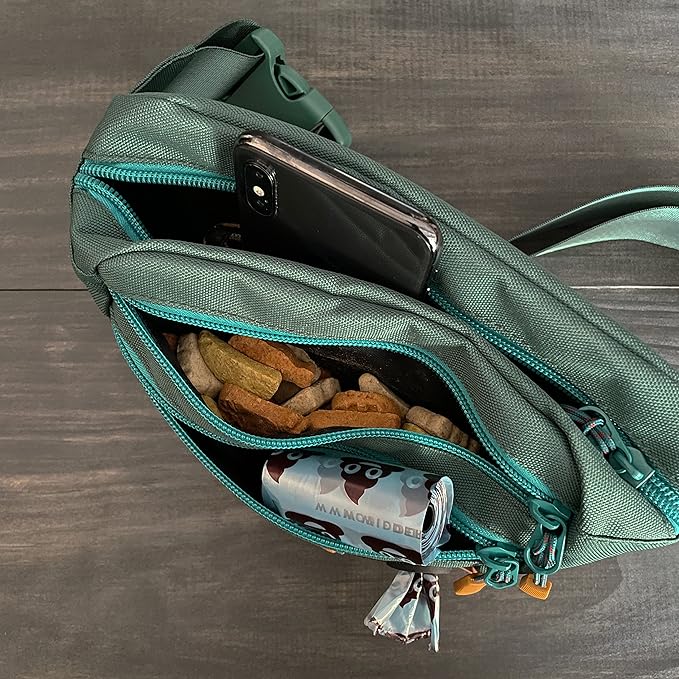 Wilderdog Utility Fanny Pack stores Treats, Balls, Keys in 3 Pockets with adjustable strap and Poop Bag dispenser (Evergreen)