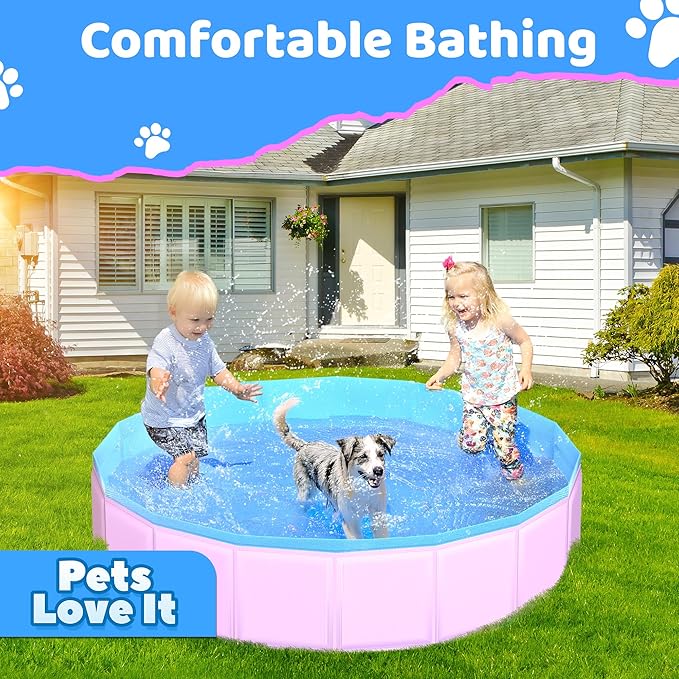 2025 Updated Foldable Dog Pool, 79" x 12" Kiddie Pool with Hard Plastic, Non-Slip Dog Bath Tub for Outdoor Backyard, Collapsible Dog Swimming Pool for Kids Dogs Pets (Pink)