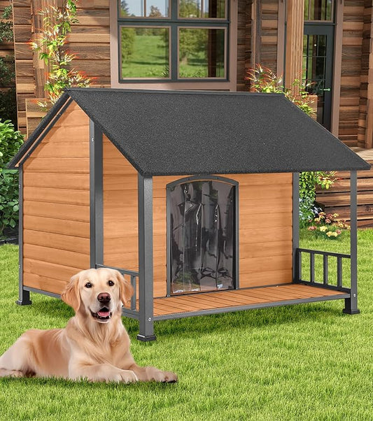 Gutinneen Large Dog House Outdoor with Strength Metal Frame, Outside Dog House with Waterproof Roof, PVC Curtain, Fir Wood Patio, Design for Small & Medium & Large Dogs